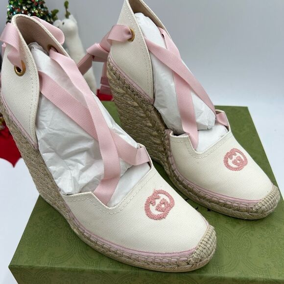 Women’s Gucci white/pink wedge espadrilles size 41 made in Spain - Picture 1 of 11